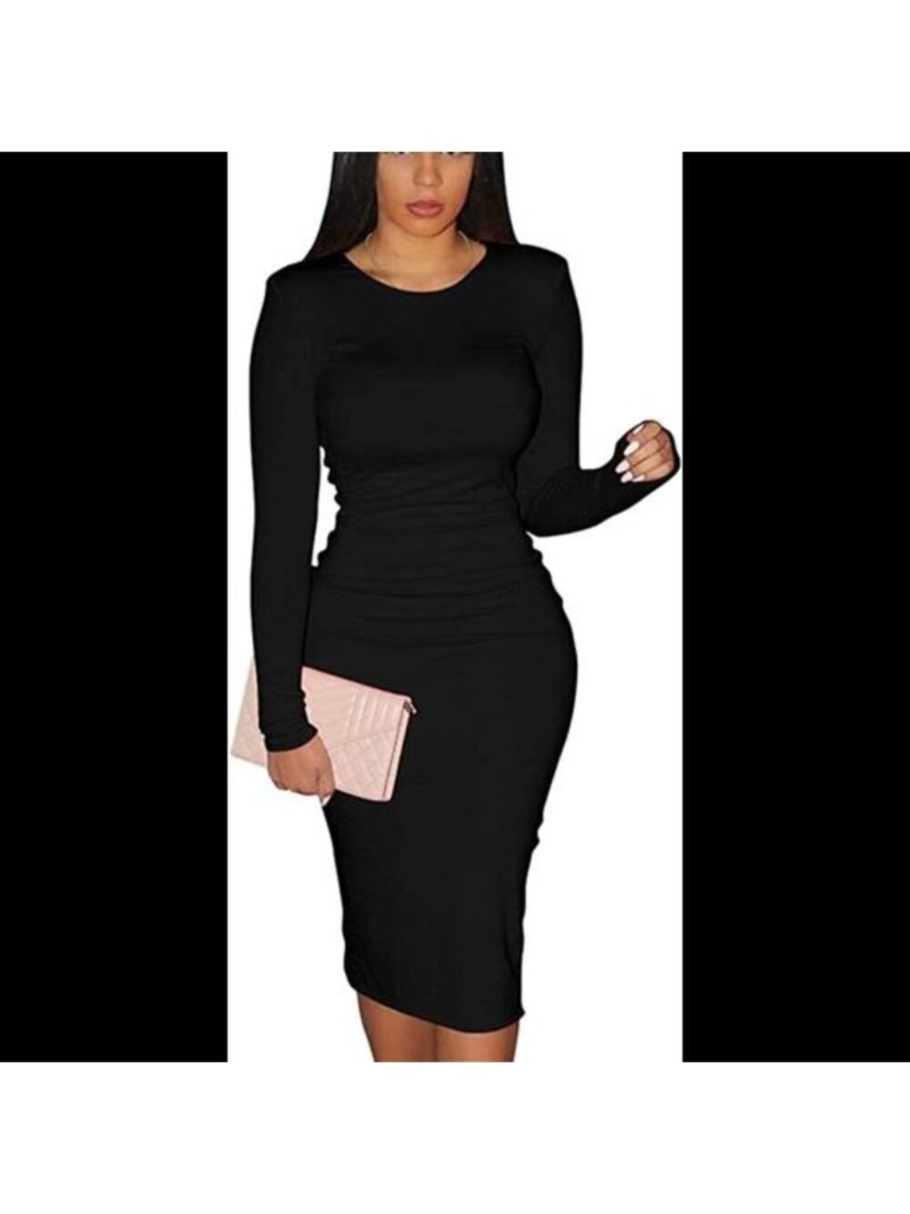 Women's Sexy Bodycon Long Sleeve Round Neck Midi Pencil Dress
